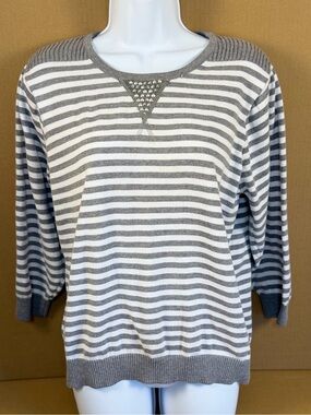 Cathy Daniels Gray & White Striped Scoop Neck Sweater with Rhinestone Accent